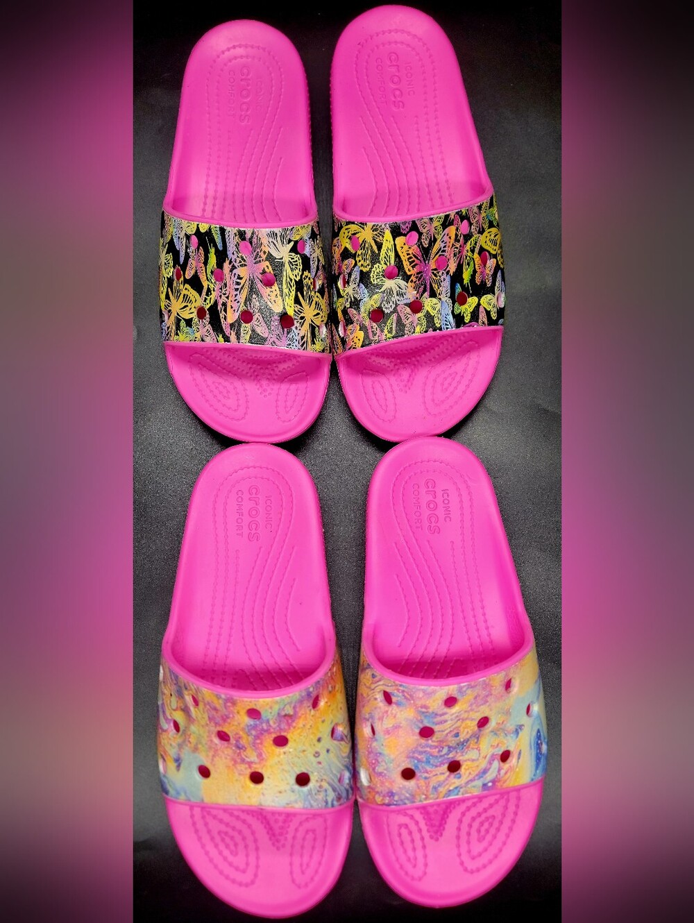 Crocs Classic Slides Lot Of 2 Custom With Butterfly & Oil Slick Design Sz 8 W